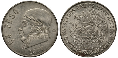 Мексика 1 песо 1977 Хосе Мария Морелос, тонкие цифры даты KM 460 медно-никель VF+ 215-921