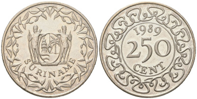 Суринам 250 центов 1989 KM 24 медно-никель BU 4172-215