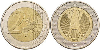 ГЕРМАНИЯ 2 ЕВРО 2002 D KM 214 биметалл 4543-456