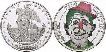 ШВЕЙЦАРИЯ МЕДАЛЬ ND ТИНО ЦАККИНИ, КЛОУН, ЦВЕТНАЯ ЭМАЛЬ серебро PROOF 01-144-24