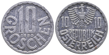 АВСТРИЯ 10 ГРОШЕЙ 1980 KM 2878 алюминий 26-1155