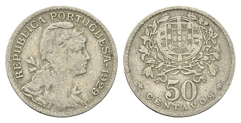 Португалия 50 сентаво 1929 голова Свободы вправо KM 577 никель латунь 4659-629