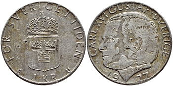 Швеция 1 крона 1977 Карл XVI Густав (1973- ) KM 852 медь плакированная медно-никелем 4397-831