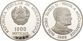 Мозамбик 1000 метикалей 1988 визит в Мозамбик папы Иоанна Павла II KM 109 a серебро  PROOF  1079-5-24