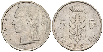 Бельгия 5 франков 1974 Belgie, Бодуэн I (1951-1993) KM 135.1 медно-никель 259-1053