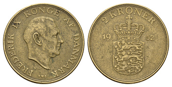 Дания 2 кроны 1952 N, Фредерик IX (1947-1972) KM 838 алюминиевая бронза 71-1421