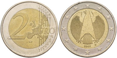 ГЕРМАНИЯ 2 ЕВРО 2002 D KM 214 биметалл 4543-456