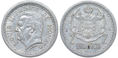 Монако 2 франка 1943 Луи II (1922-1949) KM 121 алюминий 51-2056