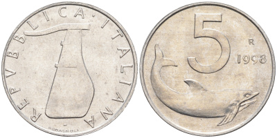 Италия 5 лир 1998 R, дельфин KM 92 алюминий  UNC  4594-821