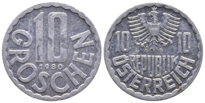 АВСТРИЯ 10 ГРОШЕЙ 1980 KM 2878 алюминий 26-1155