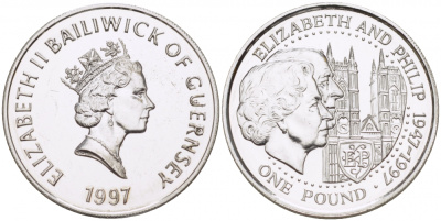 Гернси 1 фунт 1997 Елизавета и Филлип, золотая свадьба KM 70 серебро UNC 650-231
