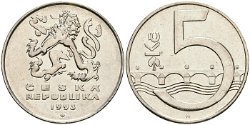 Чехия 5 крон 1993 чешский лев, Карлов мост KM 8 сталь плакированная никелем 08-924