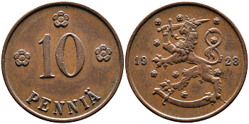 Финляндия 10 пенни 1928 республика (1918-1962) KM 24 медь 4388-852
