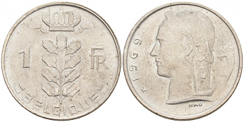БЕЛЬГИЯ 1 ФРАНК 1969 BELGIQUE KM 142.1 медно-никель 68-336