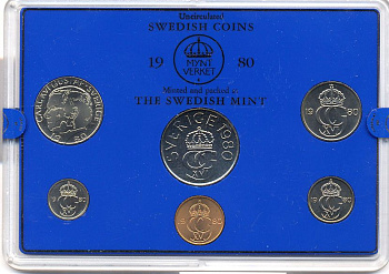 Швеция набор монетного двора из 6 монет 1980 в пластике, Карл XVI Густав (1973- ) KM MS15 UNC 4-3-6-115