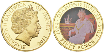 Джерси 50 пенсов 2011 60 лет коронации Королевы Елизаветы II (Елизавета II в короне в платье на троне) KM 239 сталь плакированная золотом BU 11-134-12