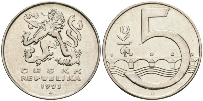 Чехия 5 крон 1993 чешский лев, Карлов мост KM 8 сталь плакированная никелем 08-924