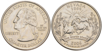 США 25 центов (квотер) 2006 D, серия штаты США, Небраска KM 382 медь плакированная медно-никелем UNC 175-552