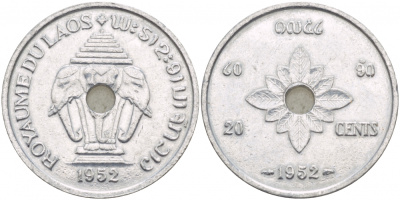 Лаос 20 центов 1952 король Сисаванг Вонг (1904-1959), слоны KM 5 алюминий 4545-446