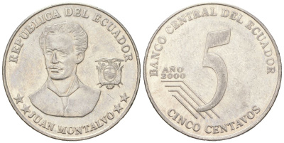 Эквадор 5 сентаво 2000 KM 105 нержавеющая сталь 4401-1244