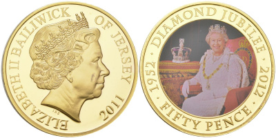 Джерси 50 пенсов 2011 60 лет коронации Королевы Елизаветы II (Елизавета II в короне в платье на троне) KM 239 сталь плакированная золотом BU 11-134-12
