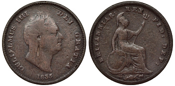 Великобритания 1/3 фартинга 1835 Вильгельм IV (1830-1837) KM 721, Spink 3850 медь 188-448