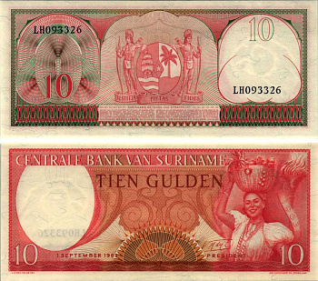 Суринам 10 гульденов 1963 женщина с фруктами Pick 121 b бумага UNC (пресс) 6352-25-4-2