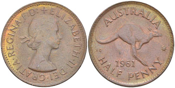 Австралия 1/2 пенни 1961 p, Елизавета II (1952-2022), кенгуру KM 61 бронза 4514-841