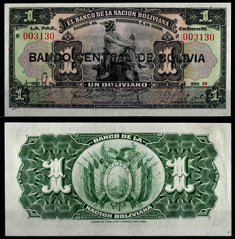 Боливия 1 боливиано 1911 (1929) Pick 112 (3) бумага 6280-17-1-2
