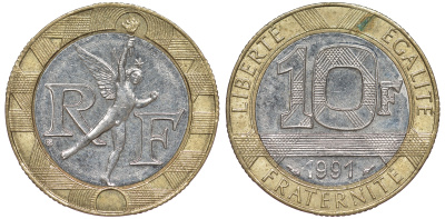 Франция 10 франков 1991 тип Гений Бастилии KM 964.1, Le Frank 375.6 биметалл  4606-152