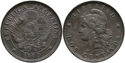 Аргентина 2 сентаво 1890 голова свободы влево KM 8 бронза 4531-923