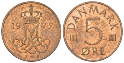 Дания 5 эре 1973 S; B, Маргрете II (1972-2024) KM 859.1 железо плакированная медью aUNC 3955-556