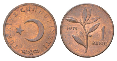 Турция 1 курушей 1974 KM 895a бронза UNC 4627-951