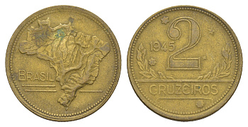 Бразилия 2 крузейро 1945 KM 559 алюминиевая бронза 4656-1253