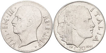 ИТАЛИЯ 20 ЧЕНТЕЗИМО 1941 R, ГОД XIX, ВИКТОР ЭММАНУИЛ III (1900-1946) KM 75b, VEM3. 1028 нержавеющая сталь 3853-1016