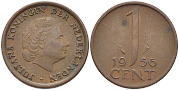 НИДЕРЛАНДЫ 1 ЦЕНТ 1956 ЮЛИАНА KM 180 бронза 206-1026