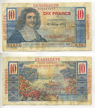 ГВАДЕЛУПА 10 ФРАНКОВ 1947-1949 Pick 32 бумага 000-000-00