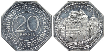 Германия, Нюрнберг - Фюрт 20 пфеннигов ND трамвайный жетон, дом Дюрера алюминий UNC 4119-637