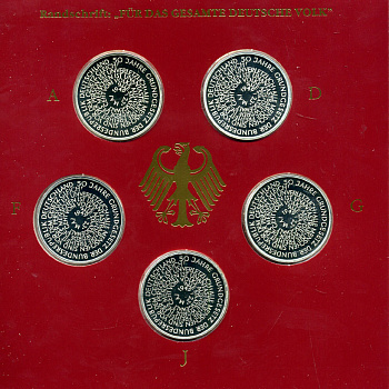 ФРГ набор из 5 штук по 10 марок 1999 A, D, F, G, J, 50 лет конституции ФРГ KM 196 серебро PROOF 6-5-2-7