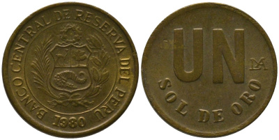 Перу 1 соль 1980 LIMA KM 266.2, Schon 71 латунь 4532-919