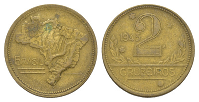 Бразилия 2 крузейро 1945 KM 559 алюминиевая бронза 4656-1253