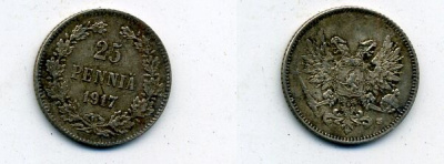Россия для Финляндии 25 пенни 1917 S, временное правительство, без короны KM 19, Биткин 2 серебро 57-1154