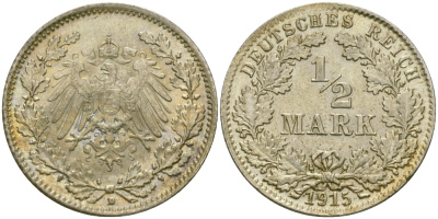 Германия 1/2 марки 1915 D J. 16, KM 17 серебро UNC 65-242