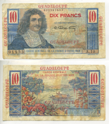 ГВАДЕЛУПА 10 ФРАНКОВ 1947-1949 Pick 32 бумага 000-000-00