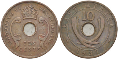 Британская Восточная Африка 10 центов 1937 KN, Георг VI (1936-1952) KM 26.1 бронза 3333-1133