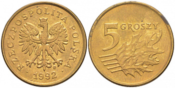 Польша 5 грошей 1992 MW KM 278 латунь UNC 99-369