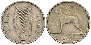 Ирландия 6 пенсов 1960 ирландский волкодав KM 13a медно-никель 4146-447