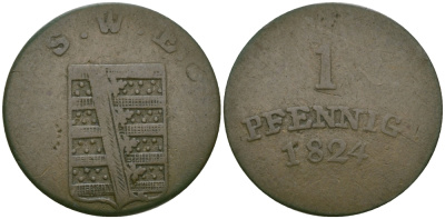 Саксен-Веймар-Эйзенах 1 пфенниг 1824 S.W.U.E. , Карл Август (1758-1809-1828) KM 61, Jaeger 519, AKS 18, Koppe 621 медь    99-557