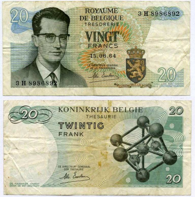 Бельгия 20 франков 1964 Бодуэн I, атомиум, Esselens Pick 138 (2) бумага 6262-52-2-2