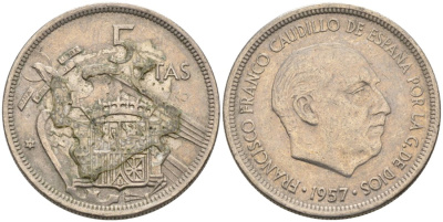 Испания 5 песет 1957 (71) Франсиско Франко (1939-1975) KM 786 медно-никель 4573-927